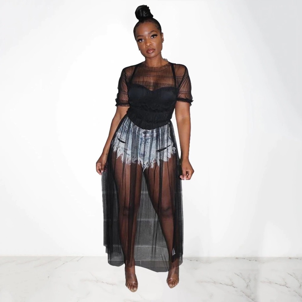 Mesh Elastic High Waist Tulle Skirt Hollow Midi - Picture 4 of 8